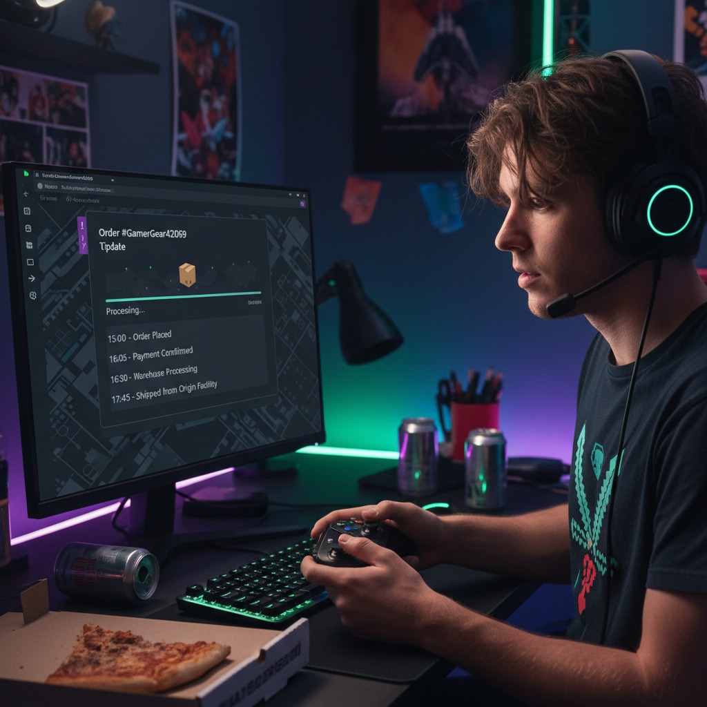 A young man wearing a headset with a microphone sits at a desk, playing a video game while monitoring a live order tracking dashboard on his computer screen.
