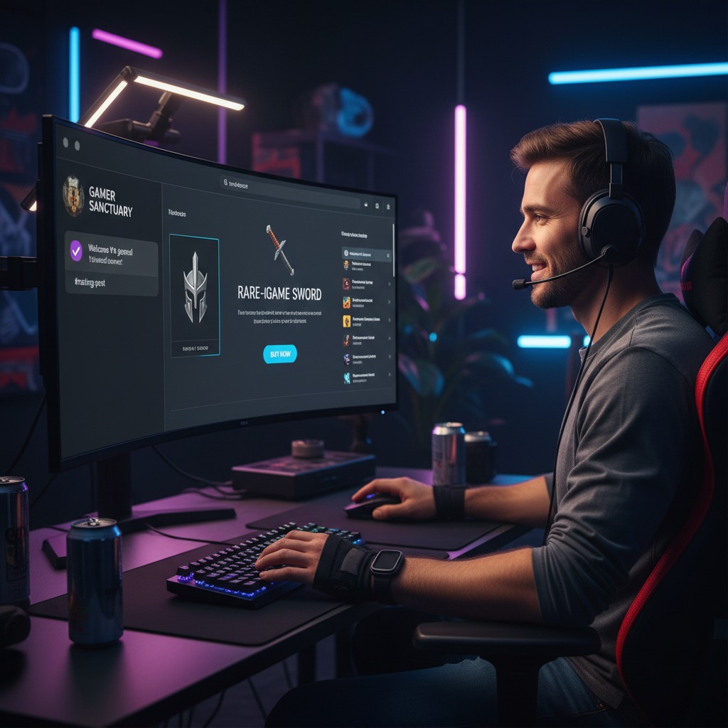 Gaming setup with stacked monitors and microphone on a desk.