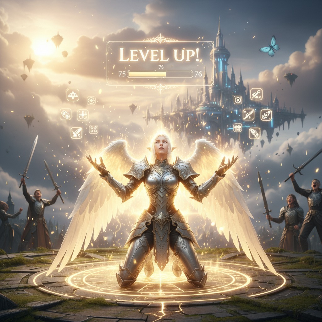 An armored angel kneels in a glowing circle with outstretched arms while a floating text box displays "Level Up!" above her.