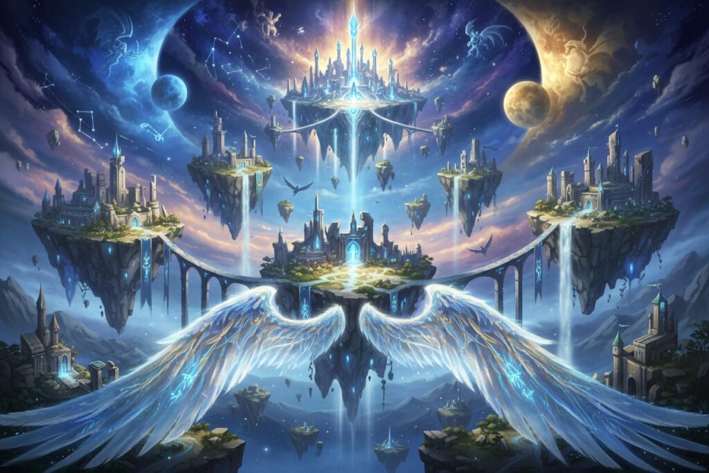 A fantastical kingdom of floating islands features illuminated castles, glowing waterfalls, and a central platform with large angelic wings.