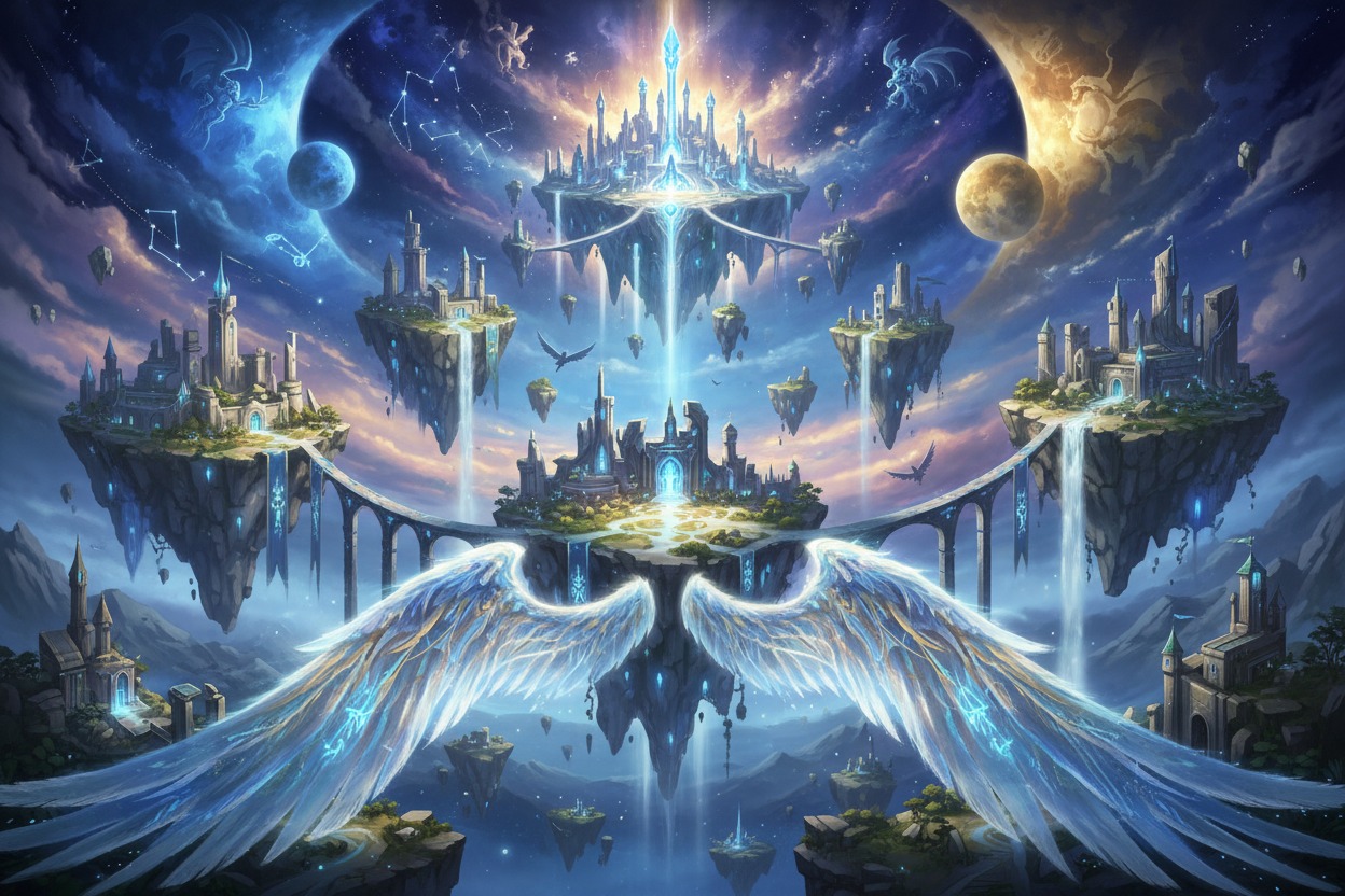 A fantastical kingdom of floating islands features illuminated castles, glowing waterfalls, and a central platform with large angelic wings.